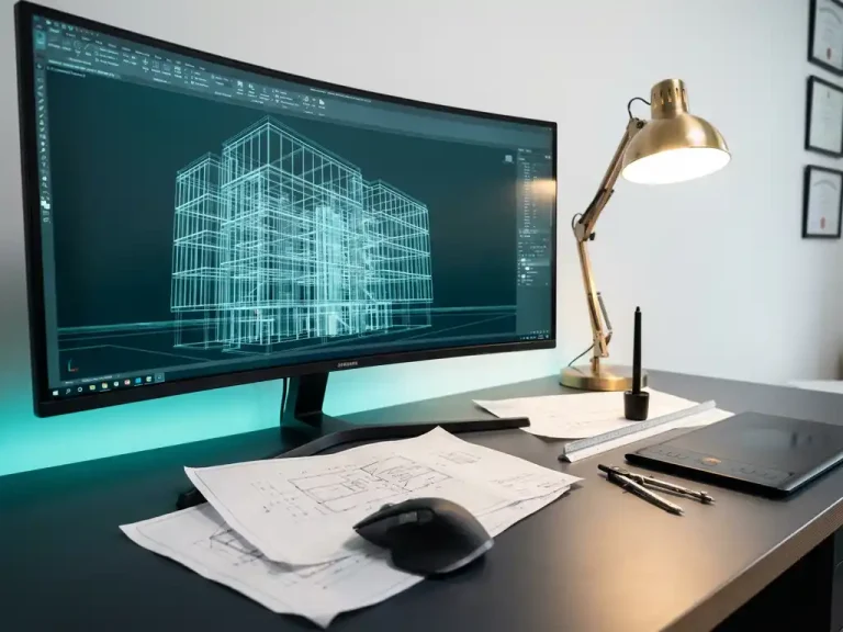 Moderne werkplek met 3D architectuurmodel op monitor, CAD-tekeningen, tekengereedschap en grafische tablet op bureau