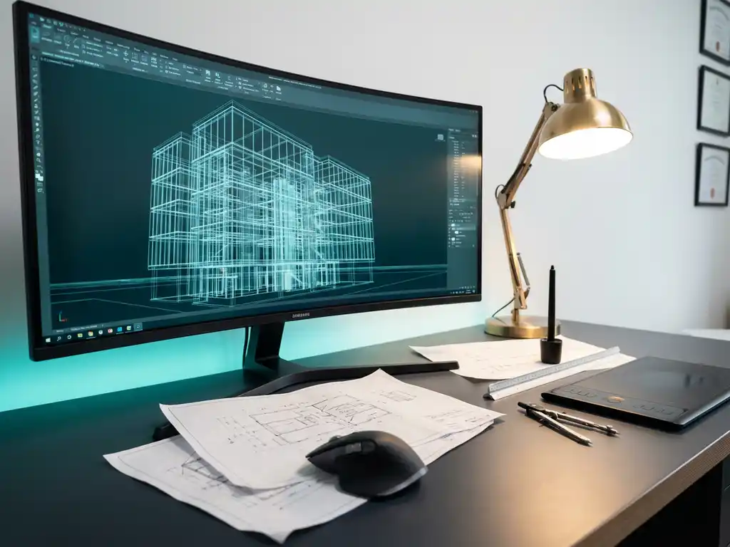 Moderne werkplek met 3D architectuurmodel op monitor, CAD-tekeningen, tekengereedschap en grafische tablet op bureau