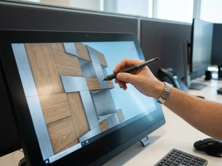Ingenieur houdt stylus boven CAD-werkstation met 3D architectuurmodel van hout, metaal en beton op blauw verlicht scherm