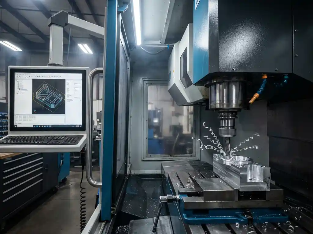 CNC freesmachine bewerkt aluminium onderdeel met metaalspanen, CAD software zichtbaar op computermonitor ernaast