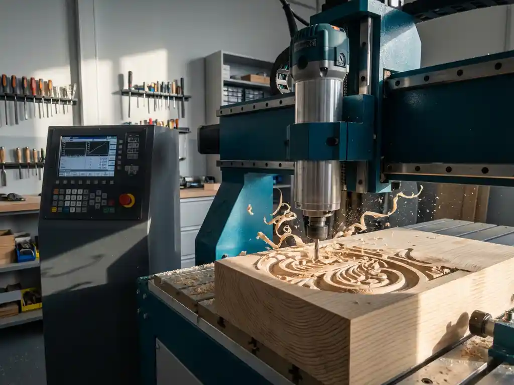CNC-machine snijdt precisie houtbewerking in dennenhout, met krulvormige houtkrullen en stalen frame in diepblauw