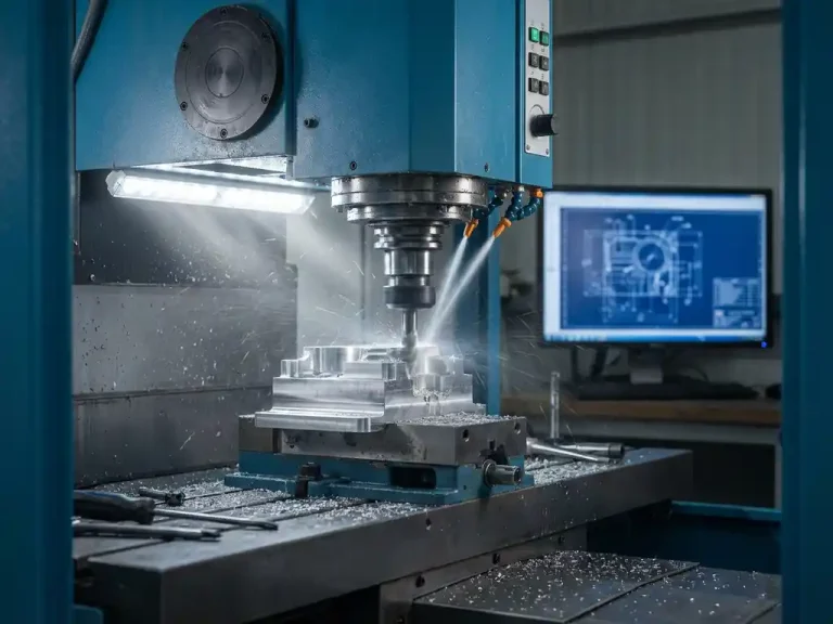 CNC-machine snijdt metalen onderdeel met CAD-blauwdruk op monitor, metaalspanen en koelvloeistof in industriële werkplaats