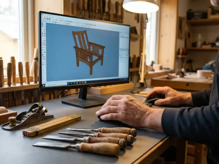 Ambachtsman bedient computer met 3D houten stoelmodel op scherm, omringd door traditioneel gereedschap in werkplaats