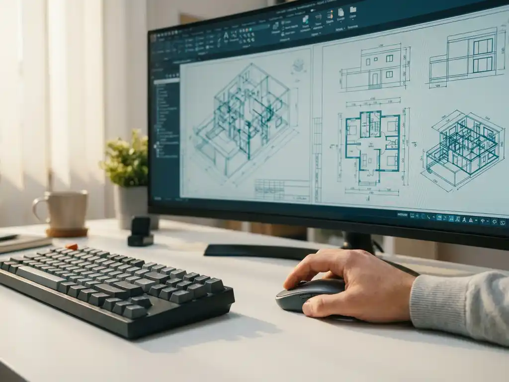 Ingenieur bedient computermuis terwijl hij 3D architecturale blauwdrukken bekijkt op monitor met CAD-software interface