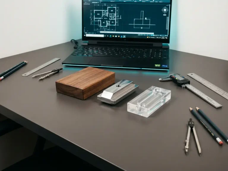 Ingenieurswerkplek met hout-, staal- en kunststofmonsters rond laptop met CAD-tekeningen en meetgereedschap