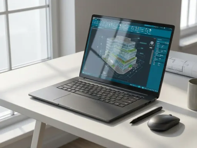 Laptop toont 3D architectuurmodel op wit tekentafel met draadloze muis en stylus in professionele werkruimte