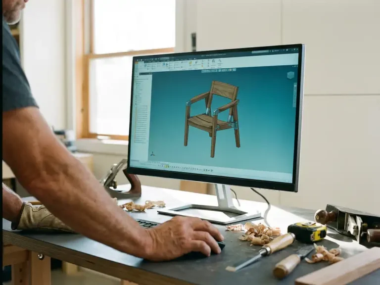 Meubelmaker gebruikt CAD-software om 3D houten stoelontwerp te maken, traditionele gereedschappen op werkbank