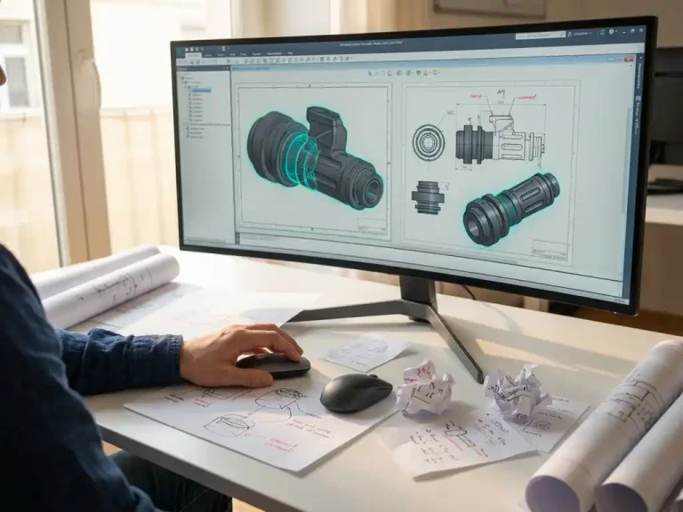 Professionele ontwerper bekijkt CAD-blauwdrukken op monitor met muis in de hand, technische tekeningen op bureau