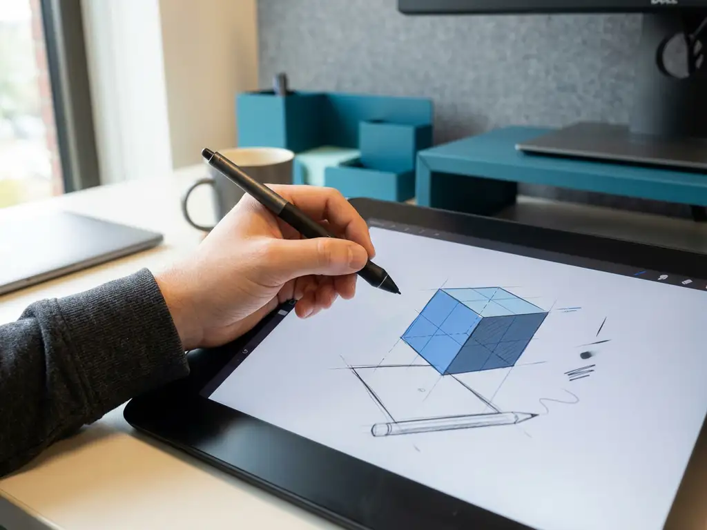 Hand met digitale stylus tekent 3D kubus die oprijst uit 2D schets op grafische tablet in moderne werkruimte