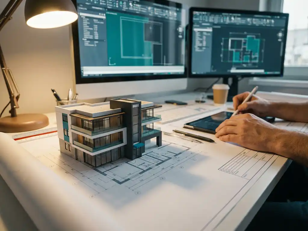 3D architectuurmodel van modern gebouw rijst op uit 2D blauwdruk op ontwerpbureau met CAD-werkstation en professionele gereedschappen
