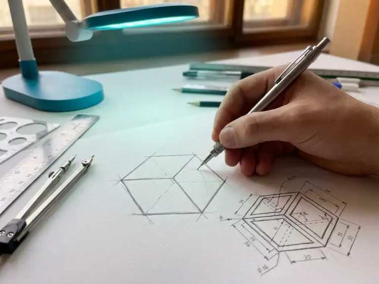 Ontwerper tekent 3D kubus schets met mechanisch potlood op wit papier, omringd door CAD-gereedschappen en teal bureaulamp