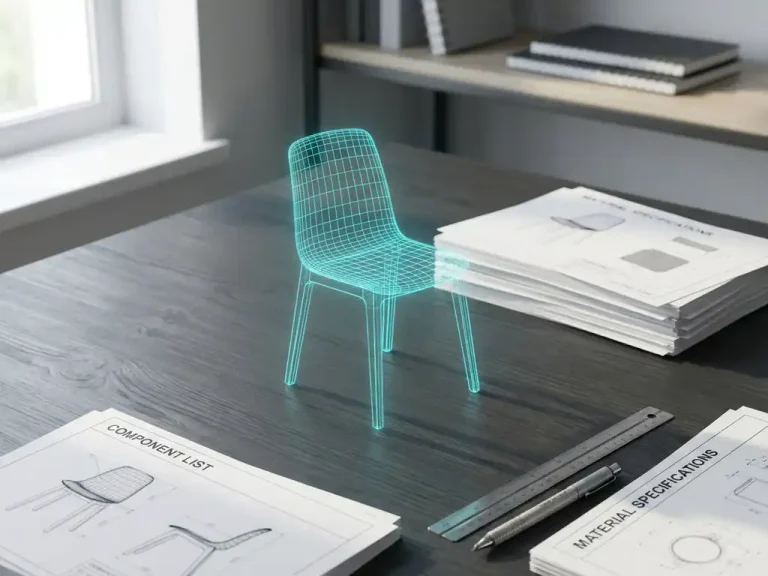 3D draadframe stoelmodel draait boven houten bureau met componentenlijsten, technische pen en liniaal