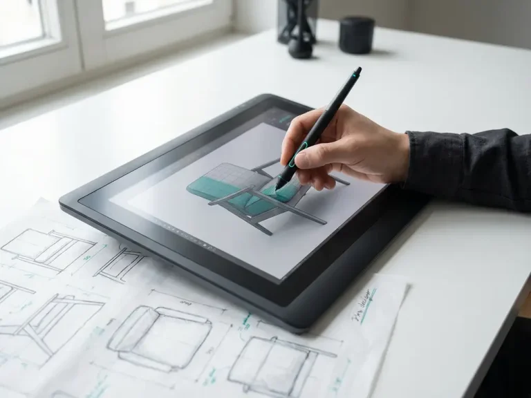 Designer houdt digitale stylus boven grafische tablet met 3D meubelmodel, technische tekeningen op wit bureau eronder