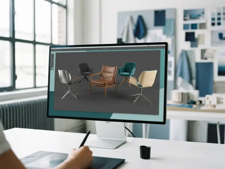Computer monitor toont roterende 3D meubelontwerpen van houten stoelen op wit bureau in helder CAD-ontwerpstudio