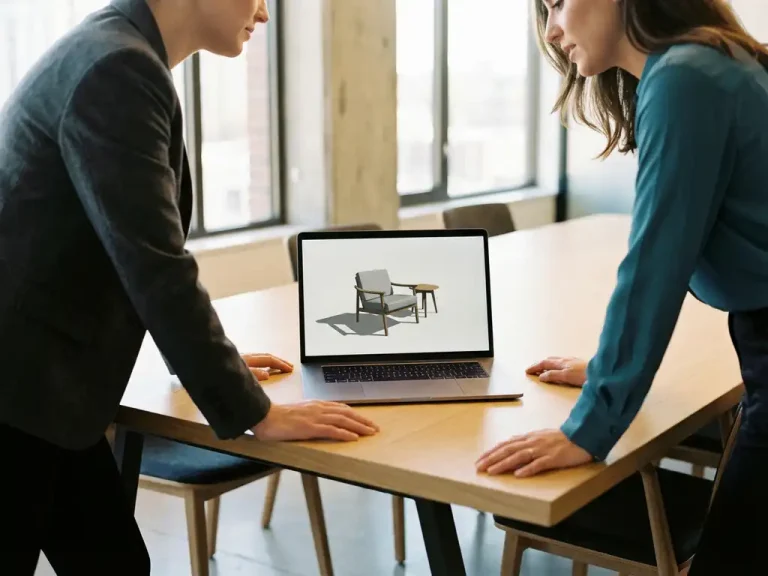 Laptop toont draaiend 3D meubelmodel tijdens zakelijke presentatie met twee professionals aan conferentietafel