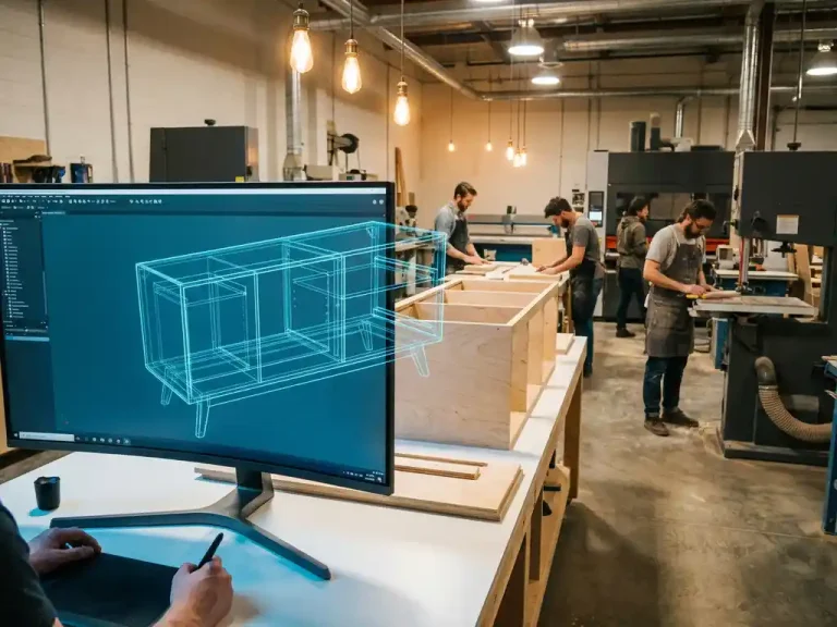 3D meubelontwerp op computerscherm dat overgaat in moderne werkplaats waar ambachtslieden houten kastelementen assembleren