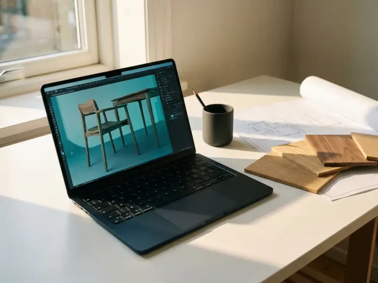 Modern laptop shows 3D furniture model on screen next to blueprint and wooden samples on white desk by window
