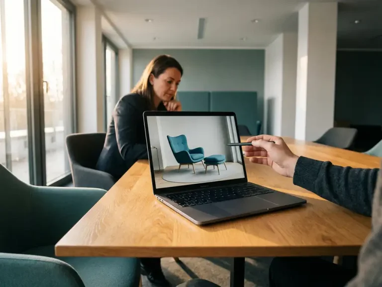 Designer shows 3D furniture model on laptop to client during presentation at oak conference table by window