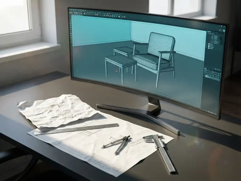 Computer monitor toont 3D meubelontwerp op modern bureau met traditionele blauwdrukken en meetgereedschap eronder