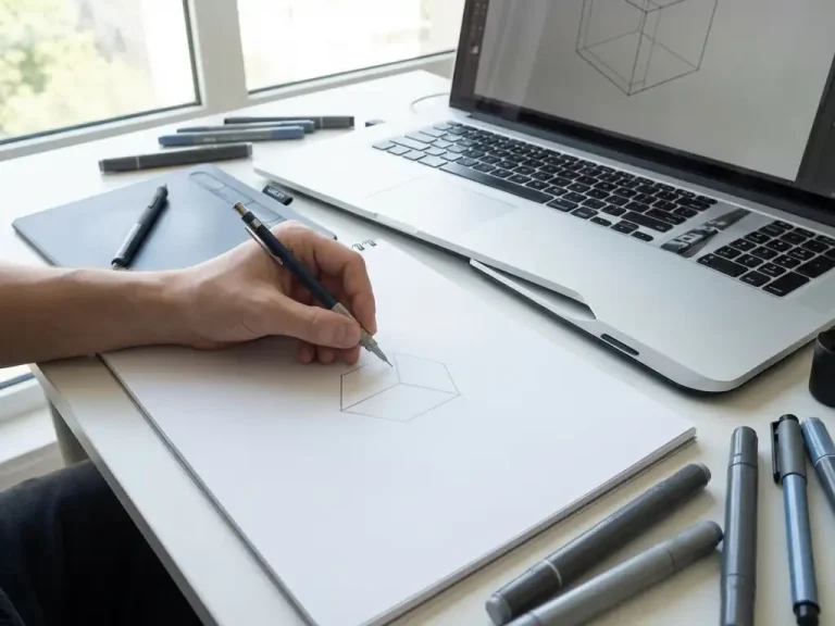 Hand die een 3D kubus schetst op wit papier met mechanisch potlood, omringd door grafische tablet en laptop met wireframes