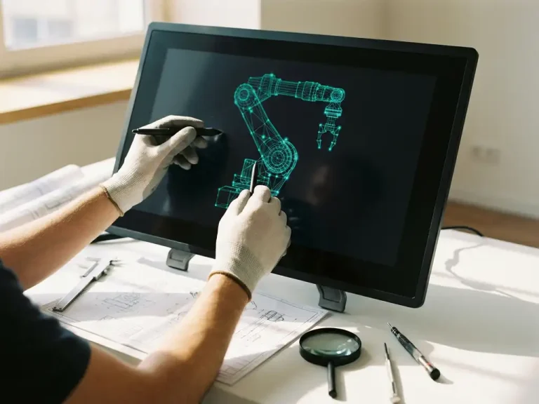 Ingenieur bewerkt 3D draadmodel van industriële machine op professionele monitor met technische tekeningen en gereedschap
