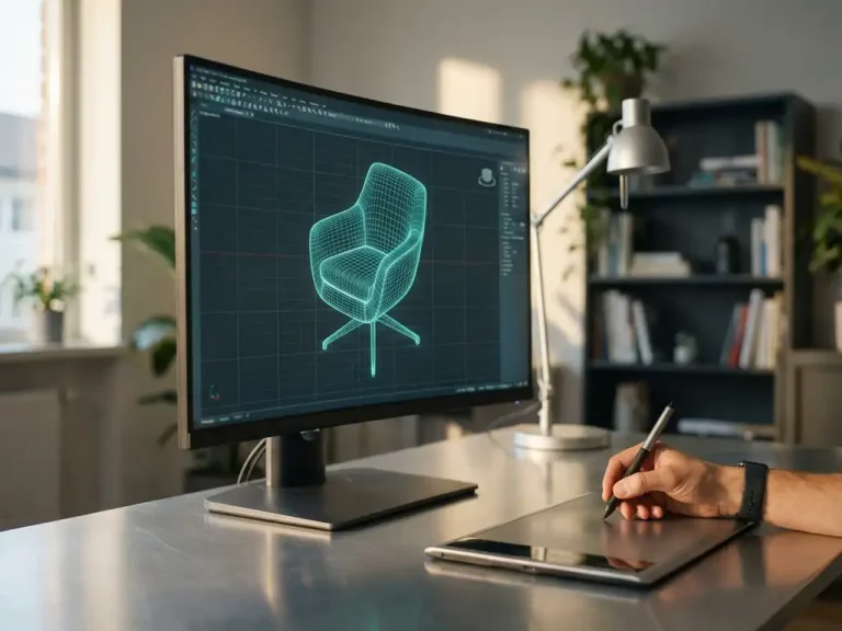 3D draadframe stoelmodel op CAD-werkstation monitor met helderblauwgroene lijnen tegen donkere interface op aluminium bureau