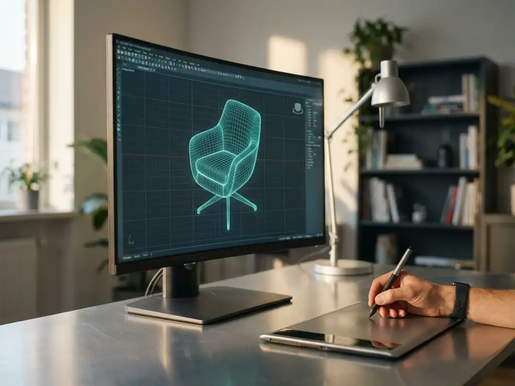 3D draadframe stoelmodel op CAD-werkstation monitor met helderblauwgroene lijnen tegen donkere interface op aluminium bureau