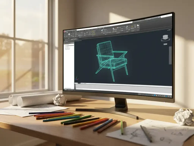 Un monitor de ordenador muestra un modelo tridimensional giratorio de una silla moderna sobre un escritorio blanco con lápices y papel cuadriculado.