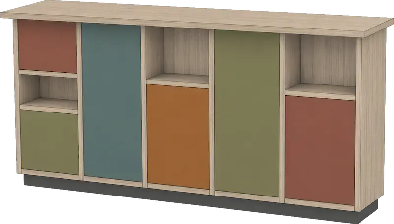 Comptoir moderne en bois avec des compartiments ouverts et des portes d'armoire dans des couleurs sourdes (vert, bleu, terracotta et orange), avec un design épuré et fonctionnel.