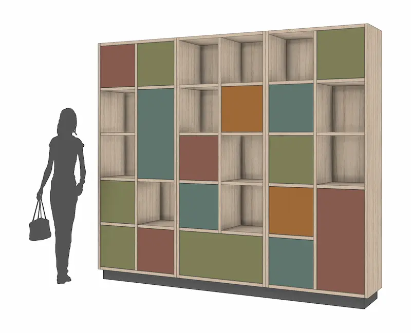 3D-render van een houten modulaire kast met open vakken en gekleurde panelen (groen, terracotta en oker), weergegeven op schaal met een silhouet van een persoon links.