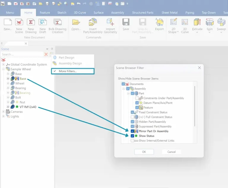 Capture d'écran de l'interface d'IronCAD montrant le navigateur de scènes sur la gauche et un menu de filtres ouvert. Dans le menu, "More Filters..." est sélectionné. Le bouton "Filtre" est sélectionné, ce qui affiche une boîte de dialogue "Filtre du navigateur de scènes". Dans cette boîte de dialogue, des options telles que "Mirror Part Or Assembly" et "Show Status" sont cochées, avec des flèches indiquant visuellement ces paramètres.  