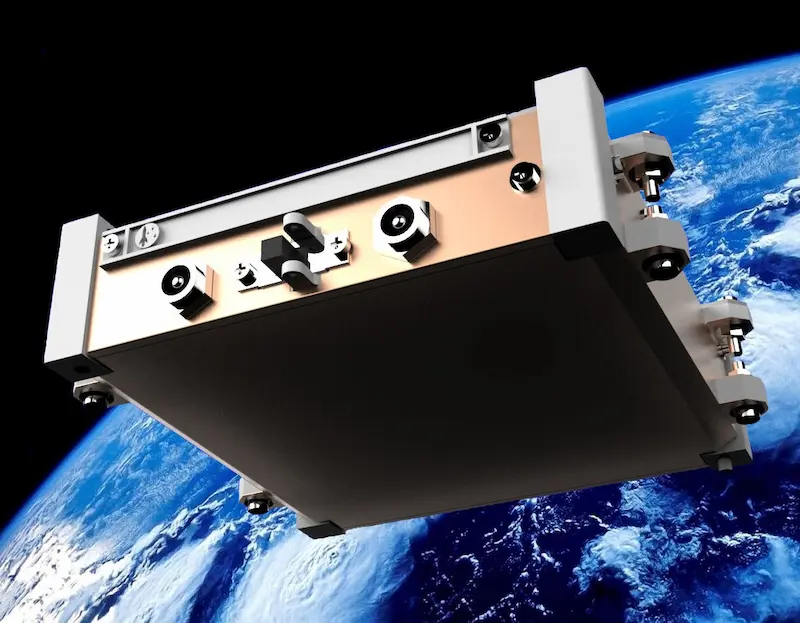 3D-model van een compacte satellietstructuur (CubeSat) in een baan om de aarde, ontworpen met IronCAD.