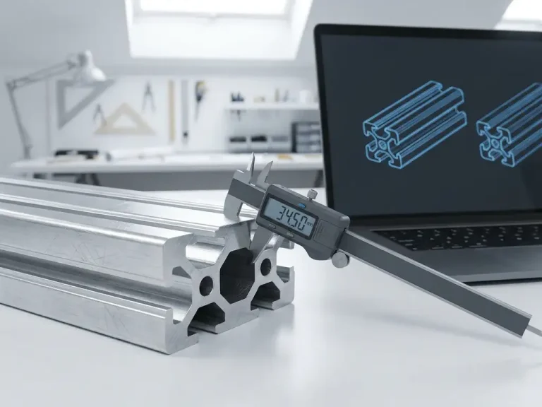 Precisie-gefreesd aluminium extrusie profiel op wit bureau naast laptop met CAD-tekeningen en meetschuifkaliebers