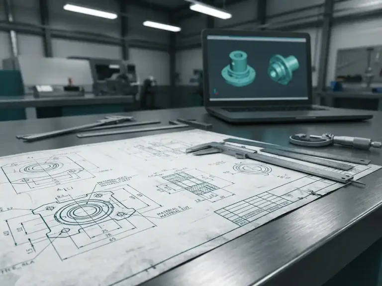 Technische blauwdruk op stalen werkbank met meetgereedschap, laptop toont 3D CAD-modellen in industriële werkplaats