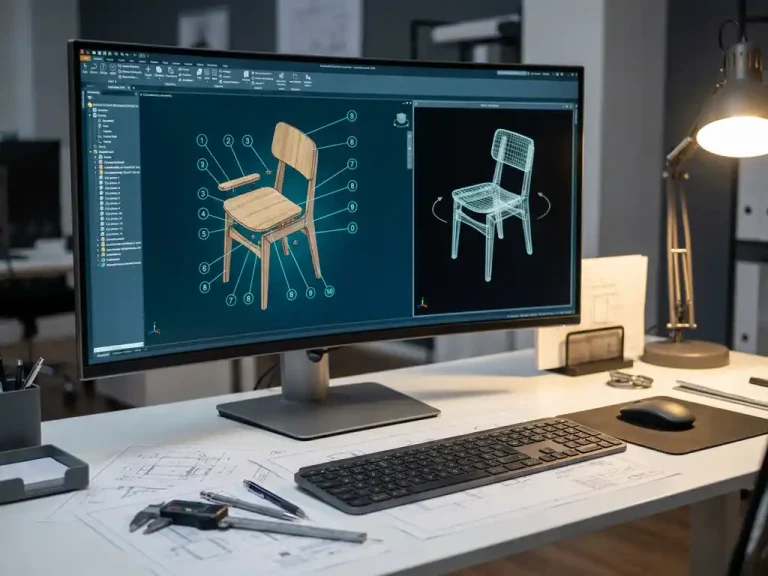 CAD-werkstation met 3D meubelassemblage op monitor, technische tekeningen en precisie-instrumenten op wit bureau