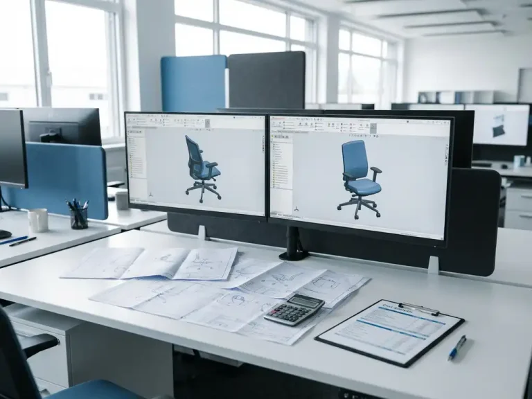 CAD-werkstation met 3D meubelontwerp op dubbele monitoren, technische tekeningen en kostenanalyse op bureau in moderne kantooromgeving