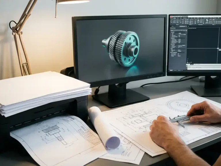 3D mechanisch onderdeel draait op computermonitor naast technische tekeningen met maatvoering op CAD-werkstation