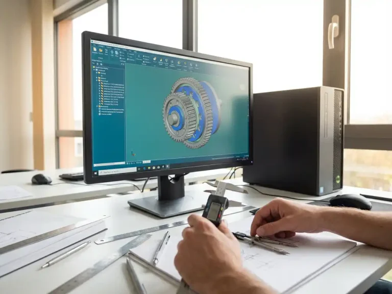 Computerwerkstation met roterende 3D mechanisch onderdeel op scherm, precisie-tekengereedschap en metalen schuifmaten op wit bureau