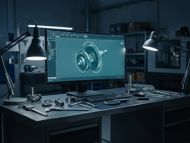 CAD-software op computermonitor toont 3D mechanisch onderdeel, omringd door precisie gereedschap en metalen componenten