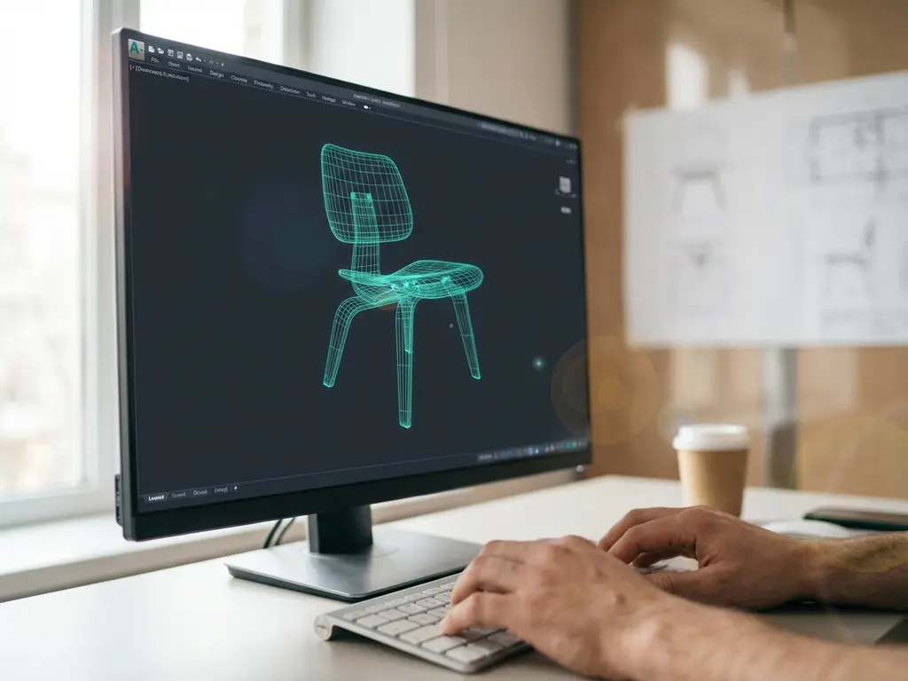 3D draadframe model van moderne stoel op CAD-werkstation monitor, ingenieur typt op wit toetsenbord in kantooromgeving