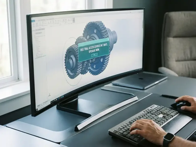 El monitor de la estación de trabajo CAD muestra la pieza mecánica en 3D con un diálogo de prueba gratuito, moderna estación de trabajo ergonómica