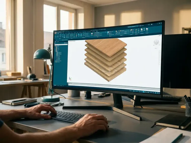 Computermonitor toont 3D CAD-model van gelaagde houtpanelen en MDF-platen op moderne werkbank met professionele software-interface