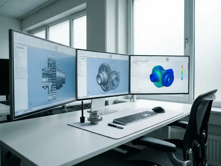 Mechanisch onderdeel wordt ontworpen op werkstation met drie monitoren die CAD-software tonen in moderne industriële ruimte