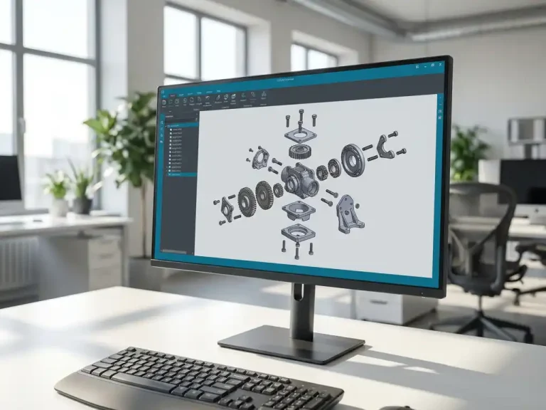3D CAD-werkstation toont geëxplodeerde weergave van mechanische onderdelen zoals tandwielen en bouten in moderne ingenieurskantoor