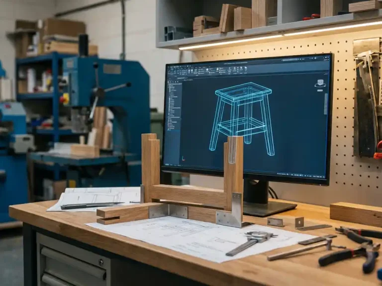 3D wireframe meubelmodel op computermonitor transformeert naar houten snijplanken en metalen onderdelen op moderne werkbankoppervlak