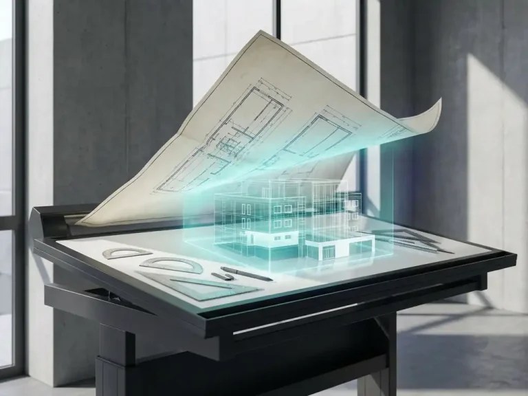 Moderne tekentafel met 2D blauwdruk die zich optilt en 3D holografisch gebouwmodel onthult in CAD-werkruimte