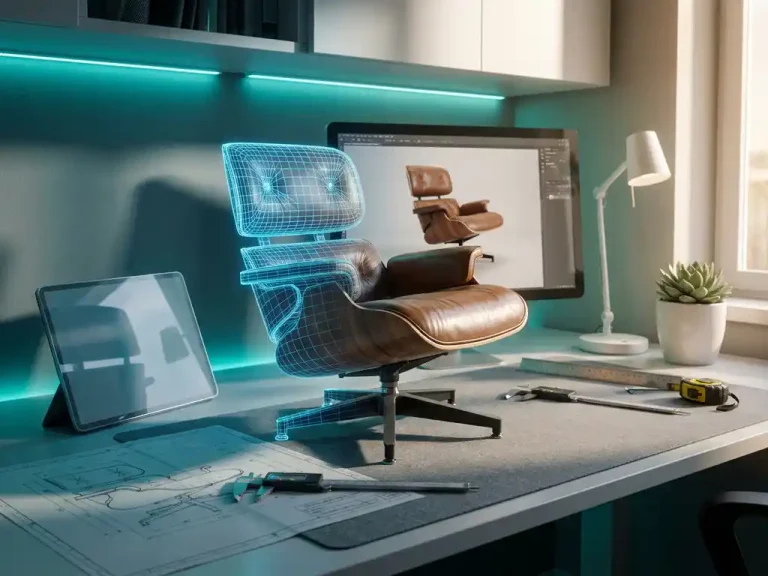 CAD-tekening transformeert tot fotorealistische 3D-meubelvisualisatie op designersbureau met meetgereedschap en blauw accentlicht