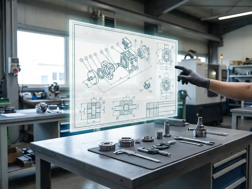 3D CAD blauwdruk zweeft boven werkbanktafel terwijl machinist hand reikt naar technische tekeningen met precisie gereedschap en metalen onderdelen