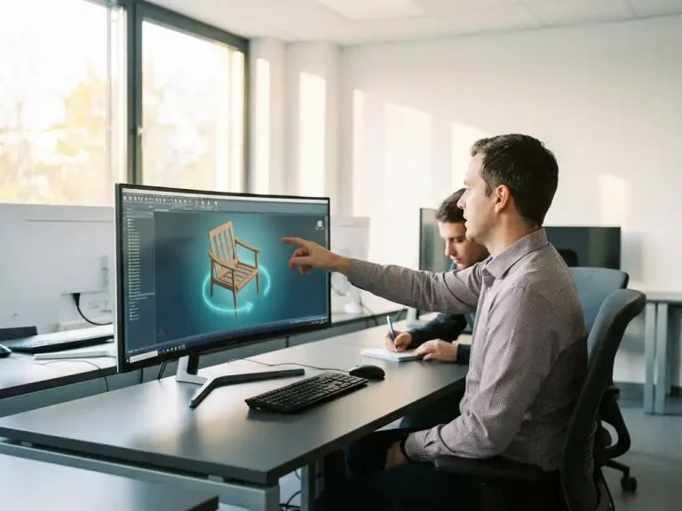 Un instructor señala un modelo de mueble en 3D en el monitor del ordenador mientras un estudiante toma notas en la sala de formación CAD