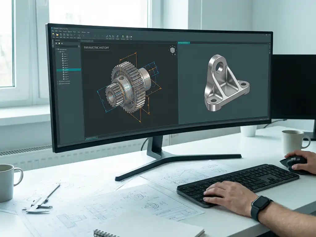Estación de trabajo CAD con dos piezas mecánicas 3D en un monitor de alta resolución, dibujos técnicos sobre un escritorio blanco en un moderno espacio de trabajo de ingeniería